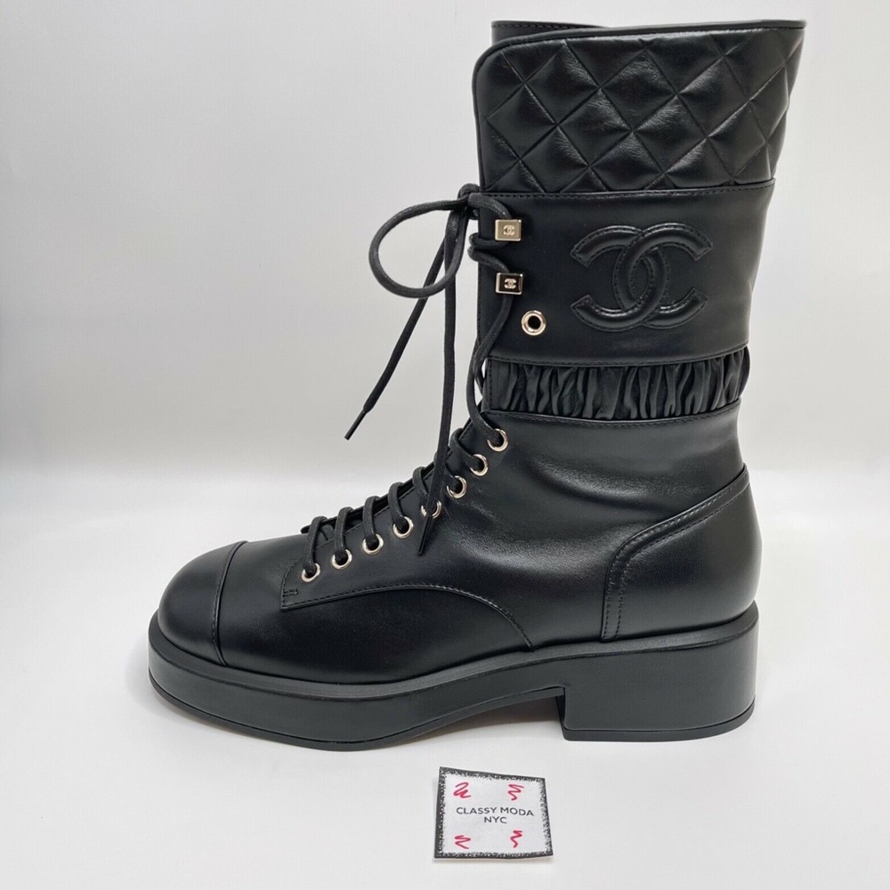 ❌❌SOLD Chanel NIB Black Flying Combat Military Lace Up Leather CC Logo Boots - Picture 4 of 13
